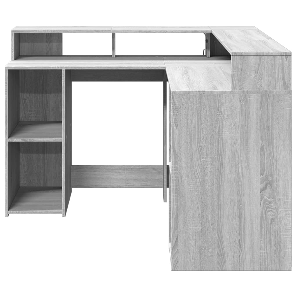 Desk with LED Lights Grey Sonoma 130x130x91 cm Engineered Wood