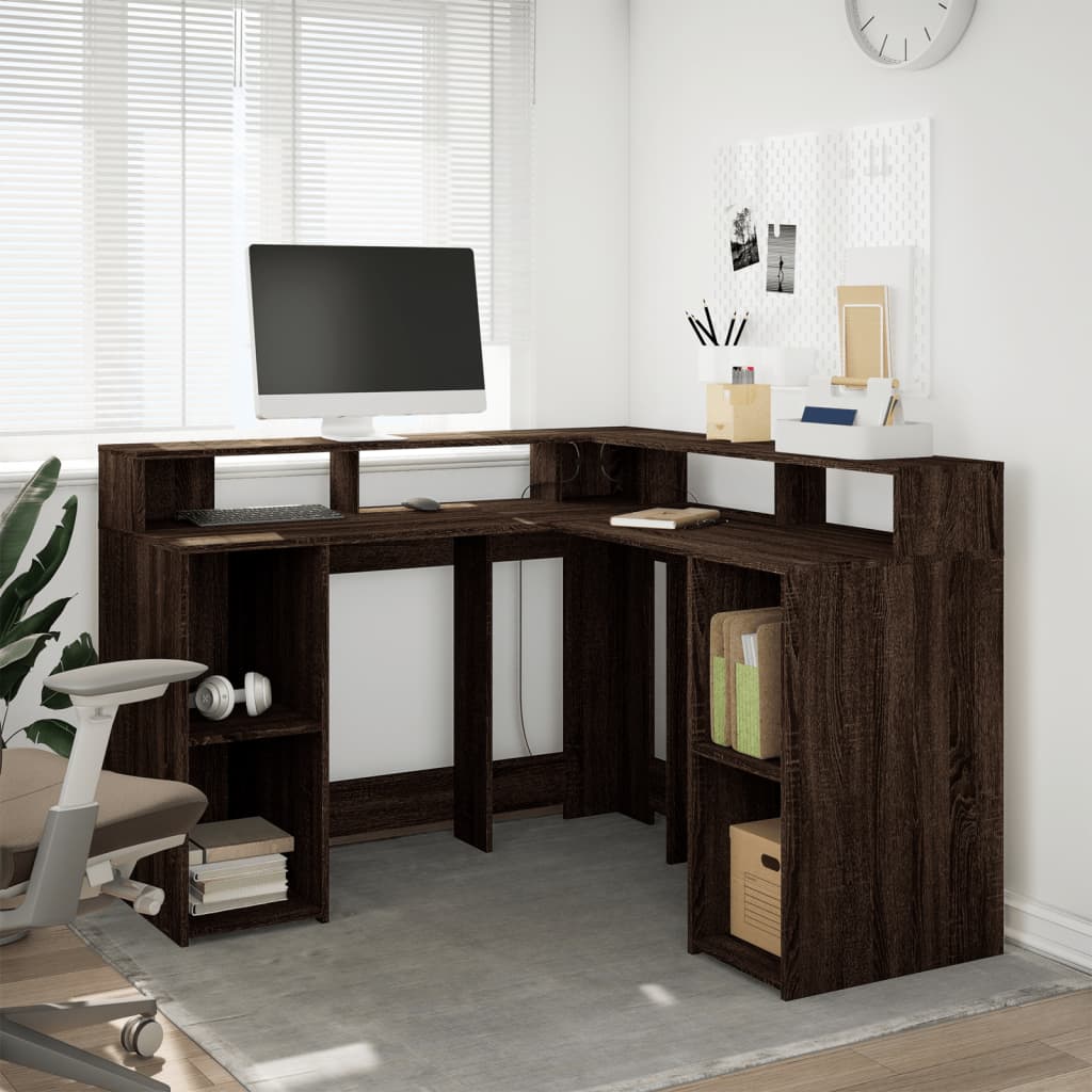 Desk with LED Lights Brown Oak 130x130x91 cm Engineered Wood
