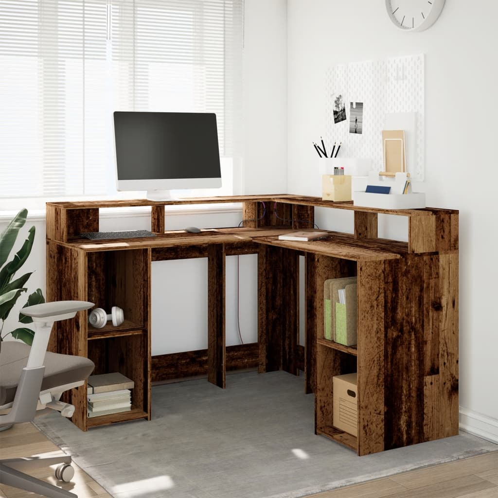 Desk with LED Lights Old Wood 130x130x91 cm Engineered Wood