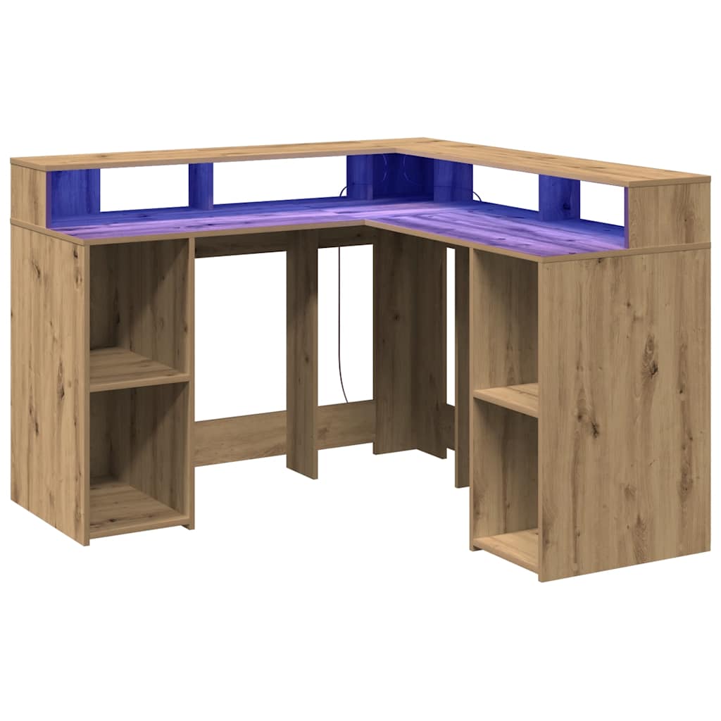 Desk with LED Lights Artisian Oak 130x130x91 cm Engineered Wood