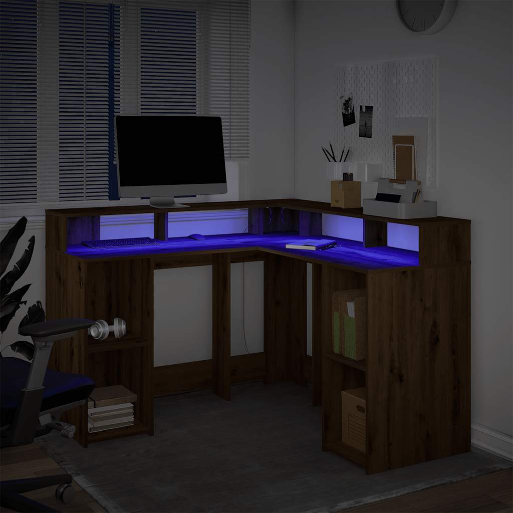 Desk with LED Lights Artisian Oak 130x130x91 cm Engineered Wood