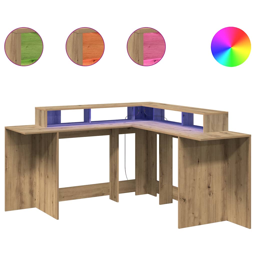 Desk with LED Lights Artisian Oak 152x152x91 cm Engineered Wood