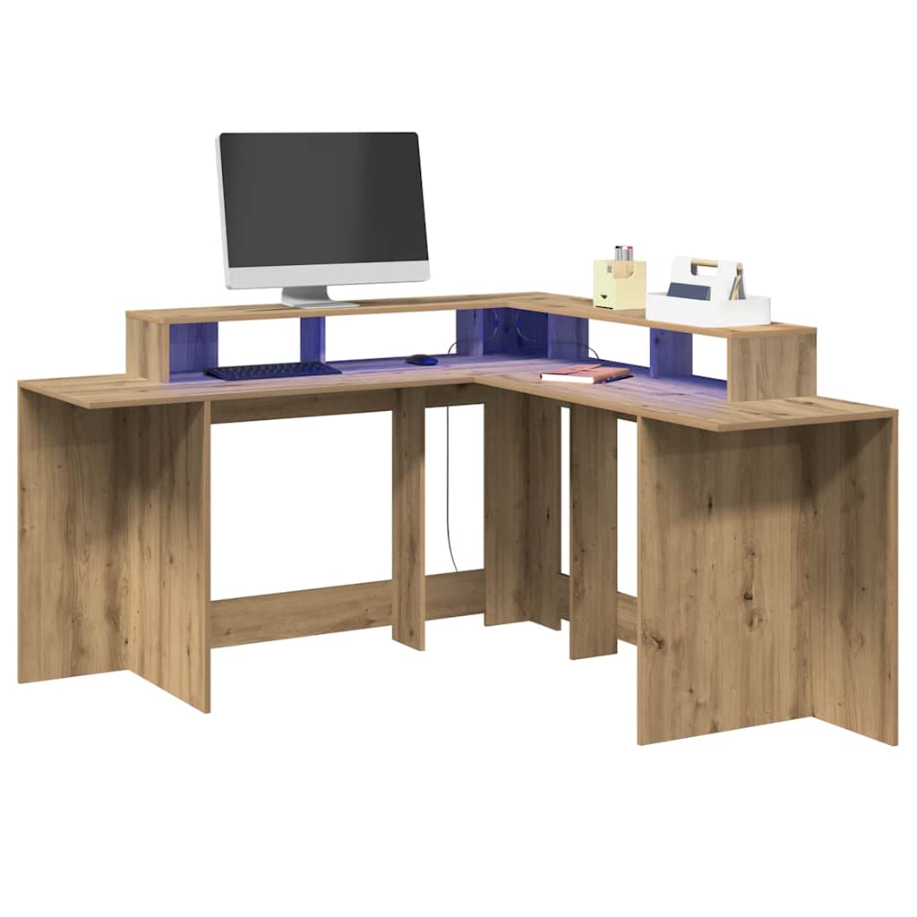 Desk with LED Lights Artisian Oak 152x152x91 cm Engineered Wood