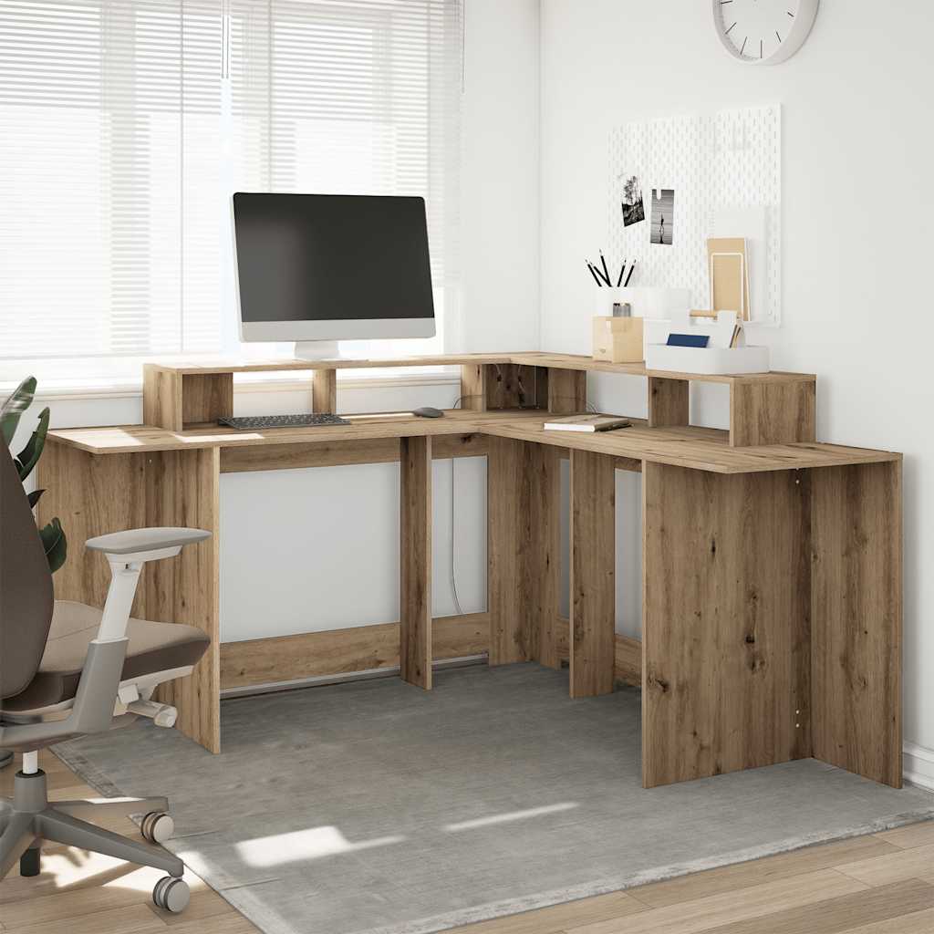 Desk with LED Lights Artisian Oak 152x152x91 cm Engineered Wood