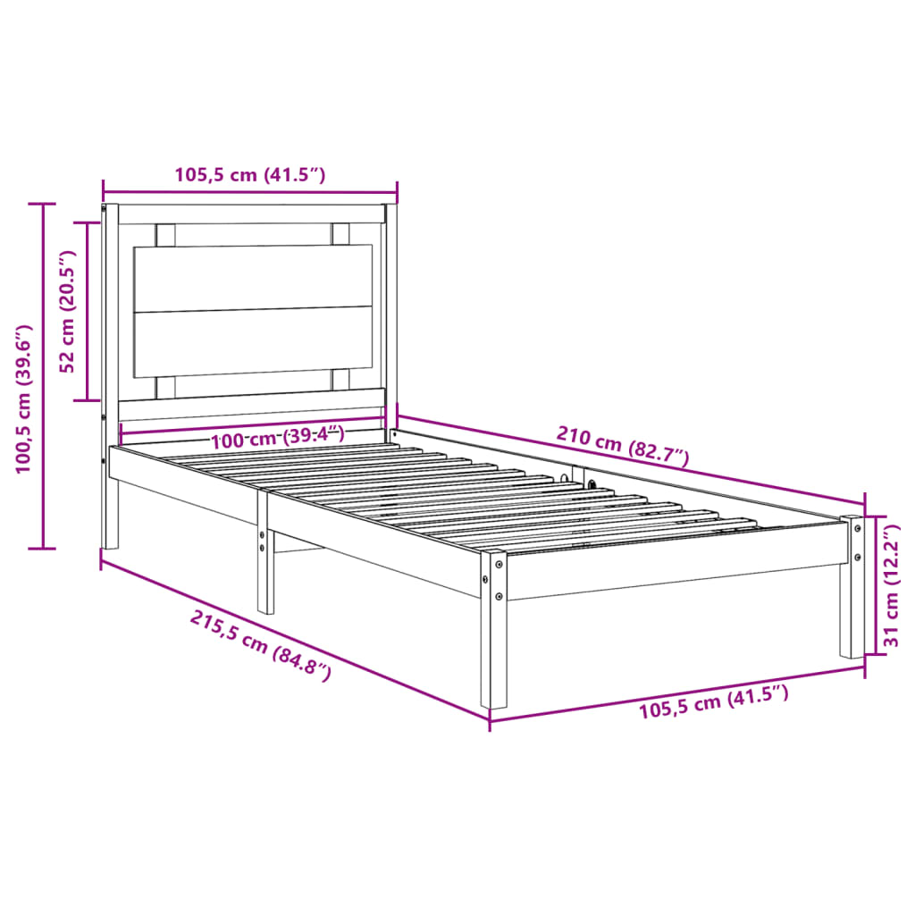 Extra Long Bed Frame without Mattress 100x210 cm Solid Wood