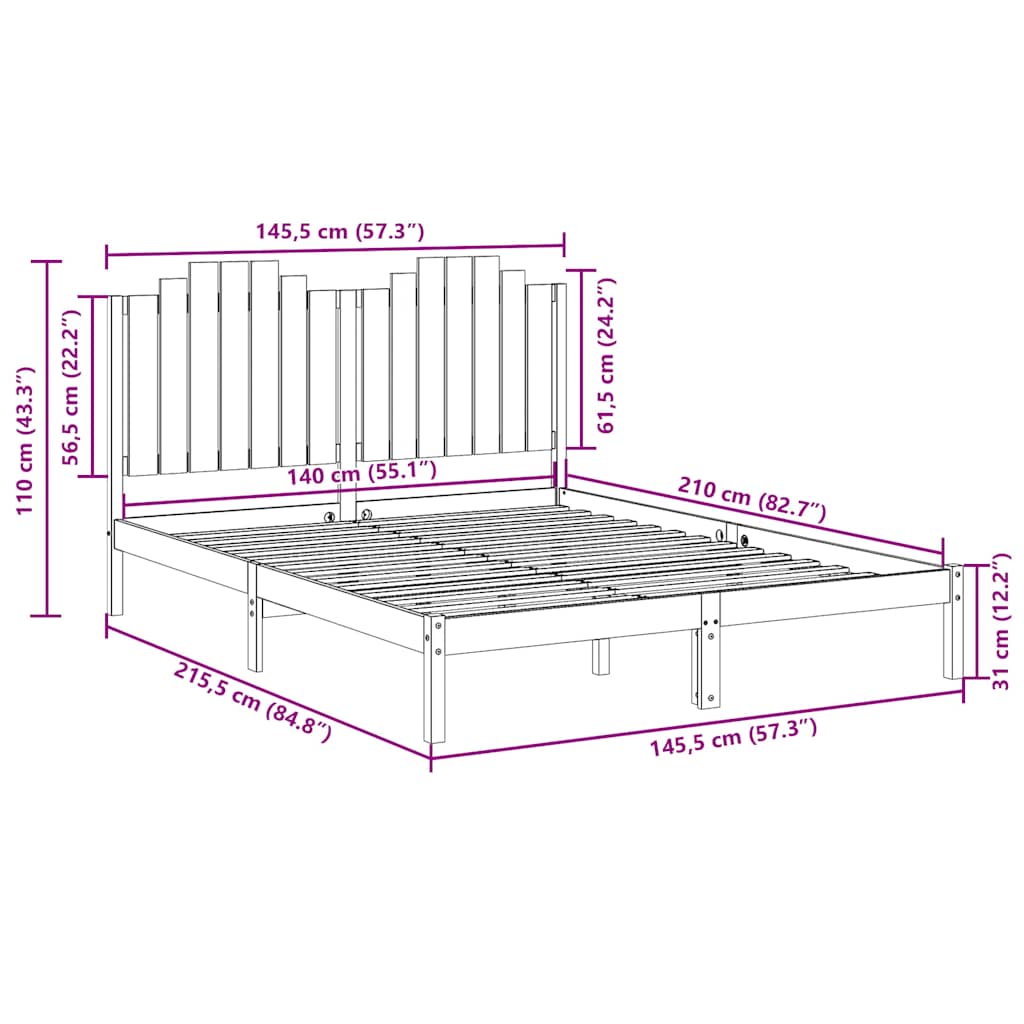 Extra Long Bed Frame without Mattress 140x210 cm Solid Wood