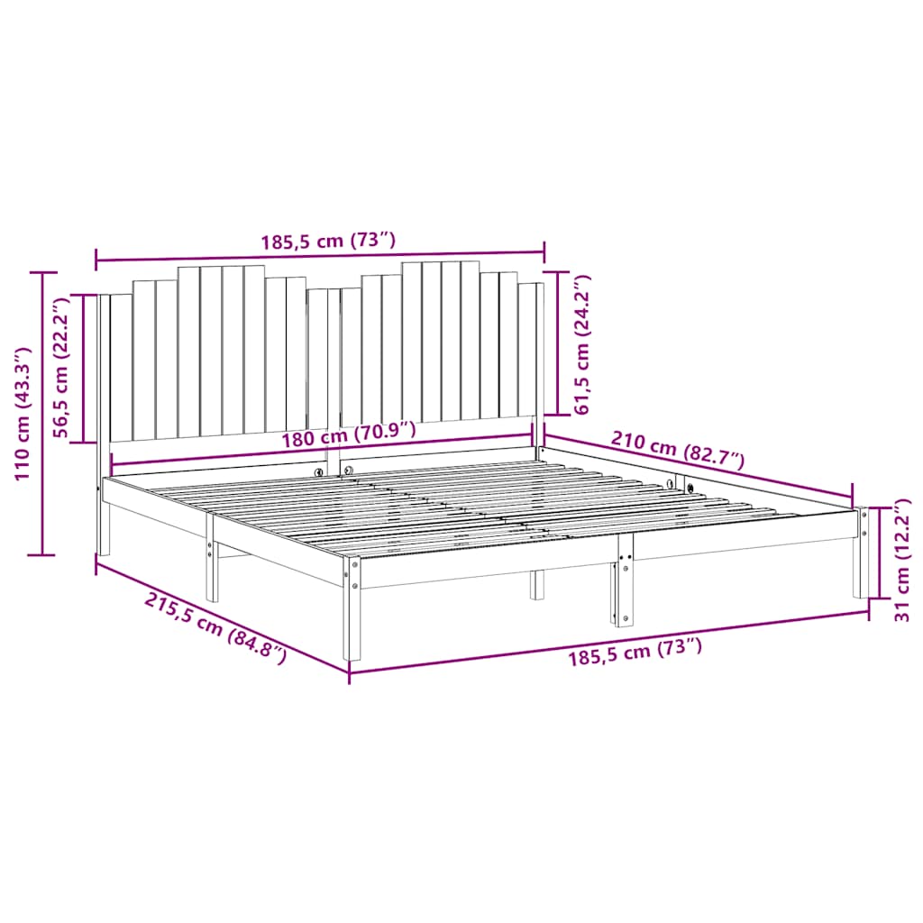 Extra Long Bed Frame without Mattress 180x210 cm Solid Wood