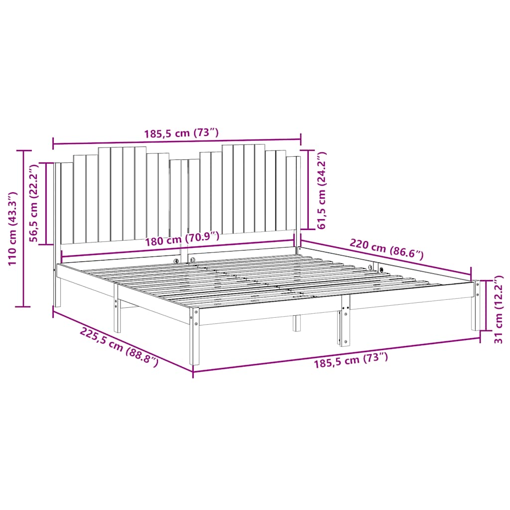 Extra Long Bed Frame without Mattress 180x220 cm Solid Wood
