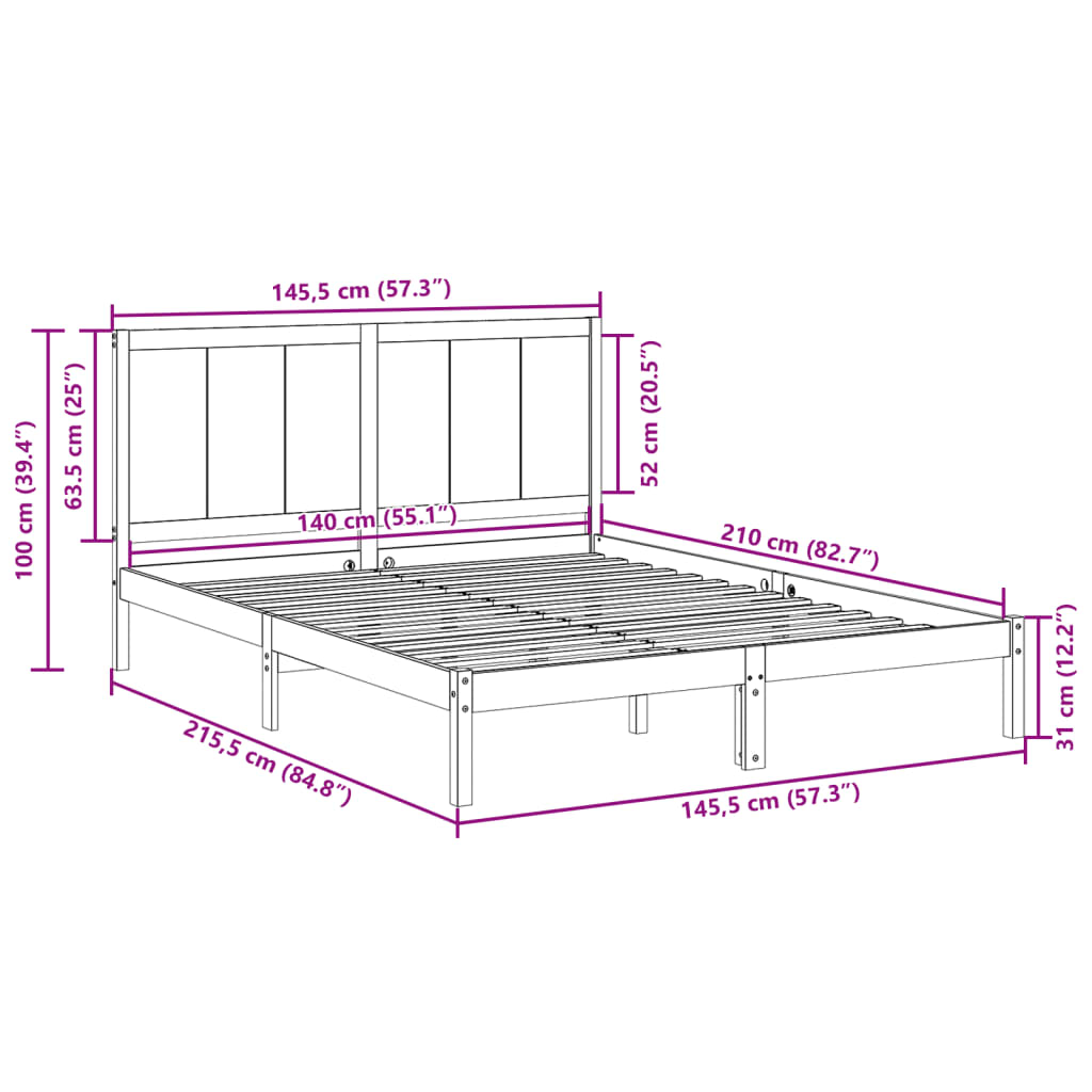 Extra Long Bed Frame without Mattress 140x210 cm Solid Wood