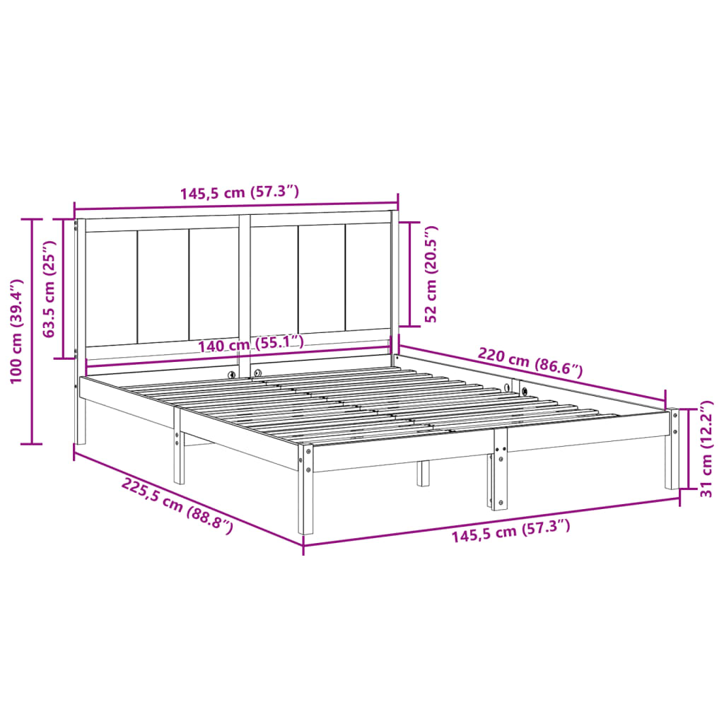 Extra Long Bed Frame without Mattress 140x220 cm Solid Wood