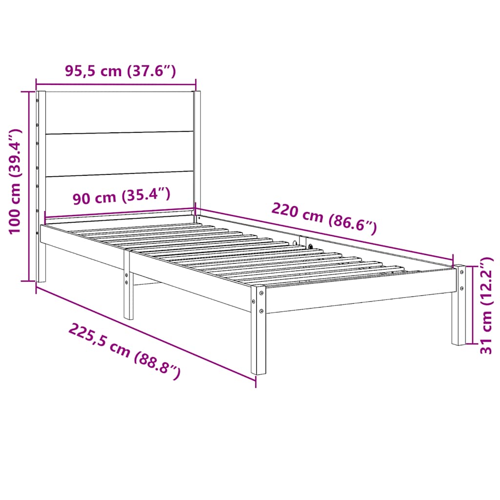 Extra Long Bed Frame without Mattress 90x220 cm Solid Wood