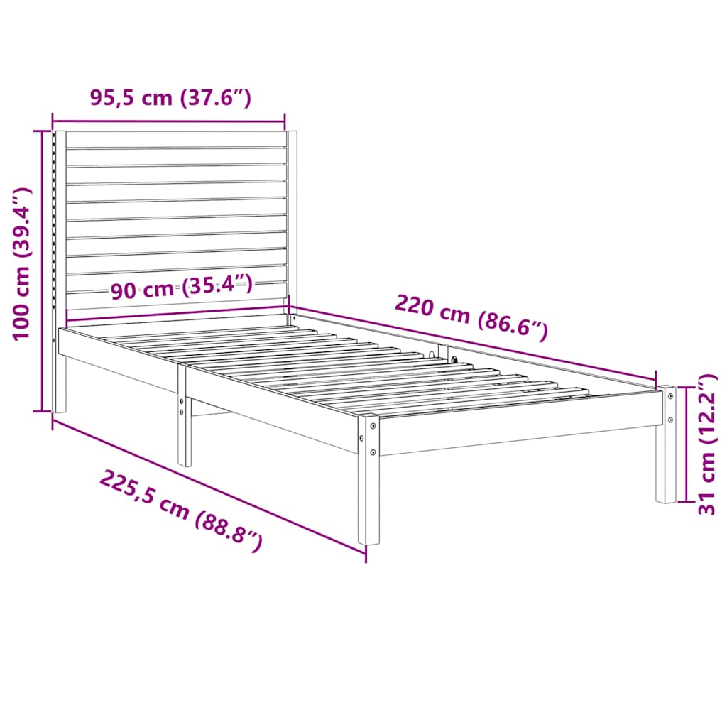 Extra Long Bed Frame without Mattress White 90x220 cm Solid Wood