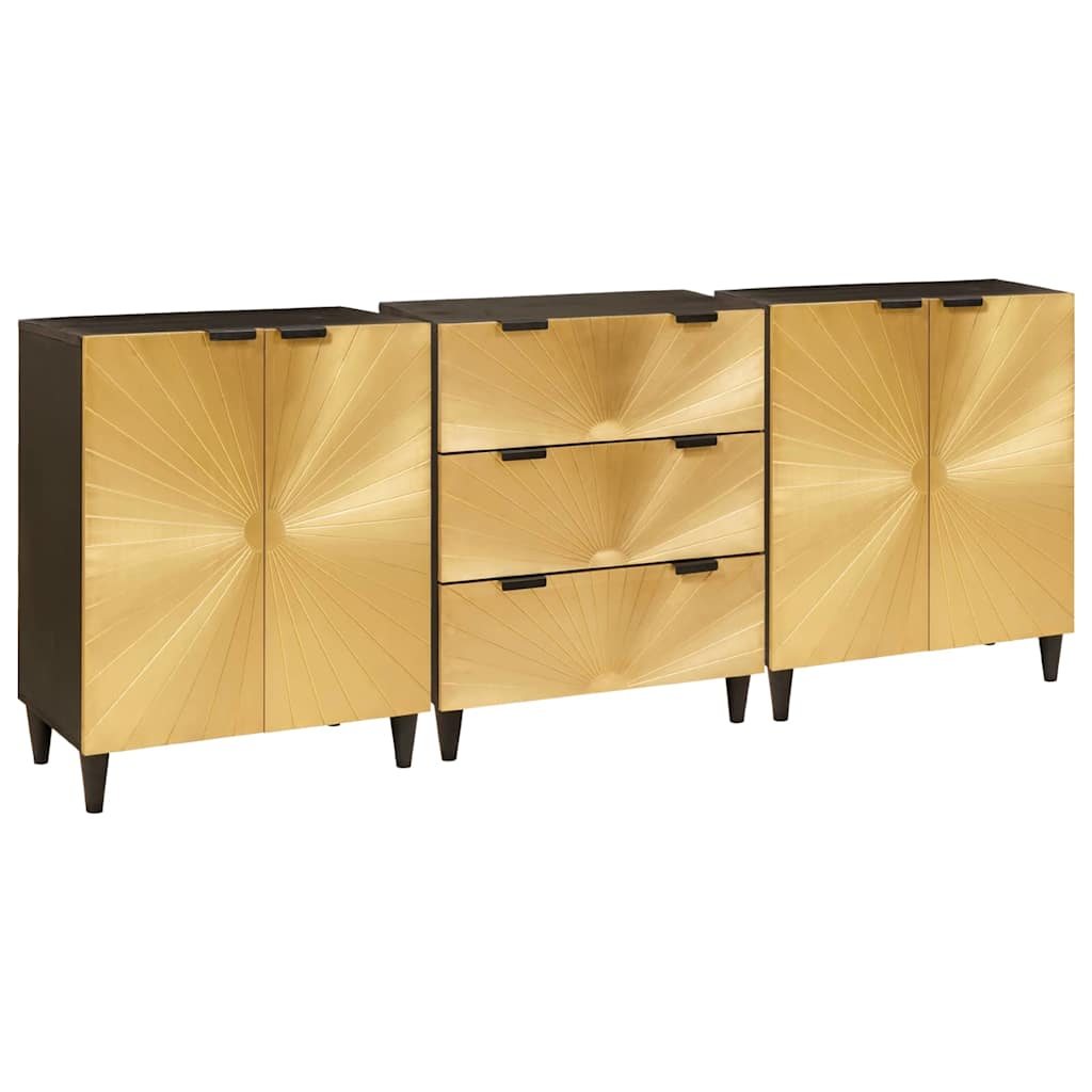 Sideboard 3 pcs Black and Gold 60 x 33 x 75 cm Solid mango wood