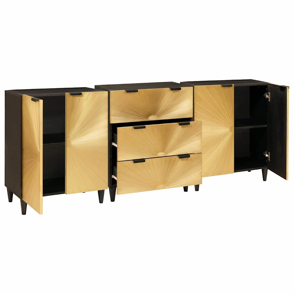 Sideboard 3 pcs Black and Gold 60 x 33 x 75 cm Solid mango wood