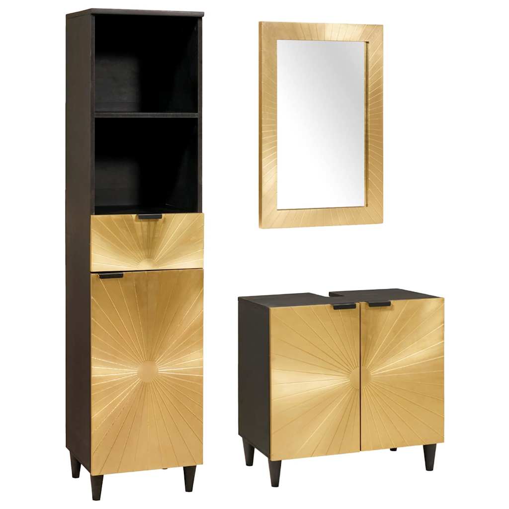 Bathroom Furniture Sets 3 pcs Black and Gold Solid mango wood