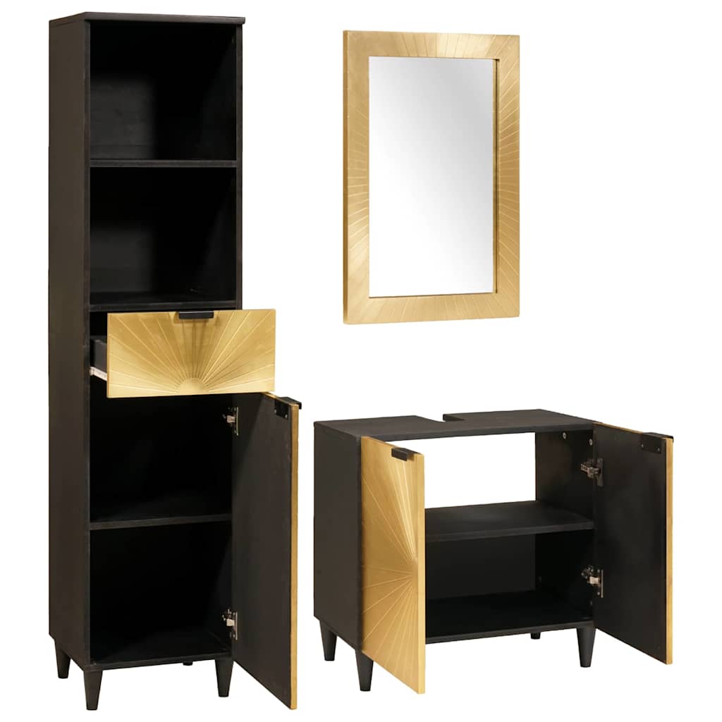 Bathroom Furniture Sets 3 pcs Black and Gold Solid mango wood