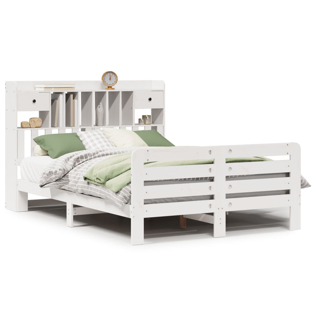 Bookcase Bed without Mattress White 150x200 cm King Size Solid Wood Pine