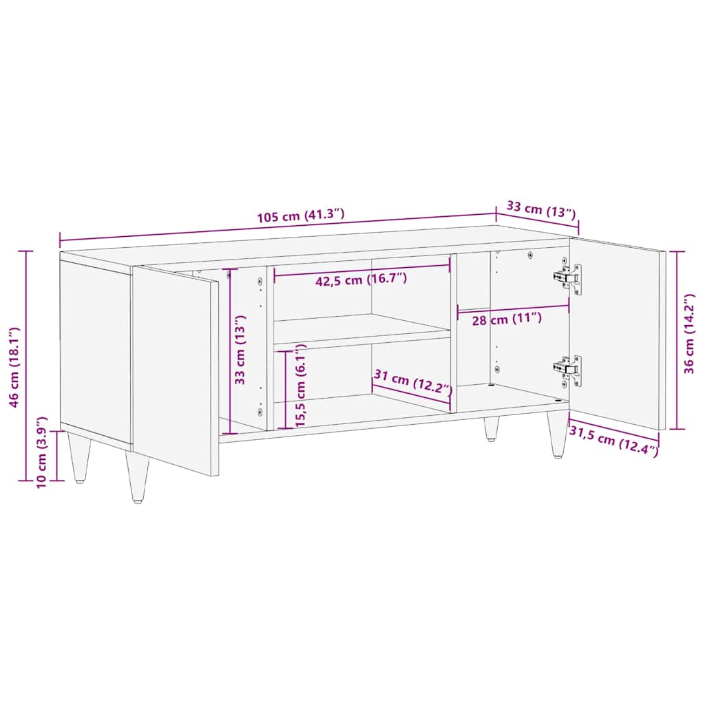 TV Cabinet Light brown 105 x 33 x 46 cm Solid mango wood