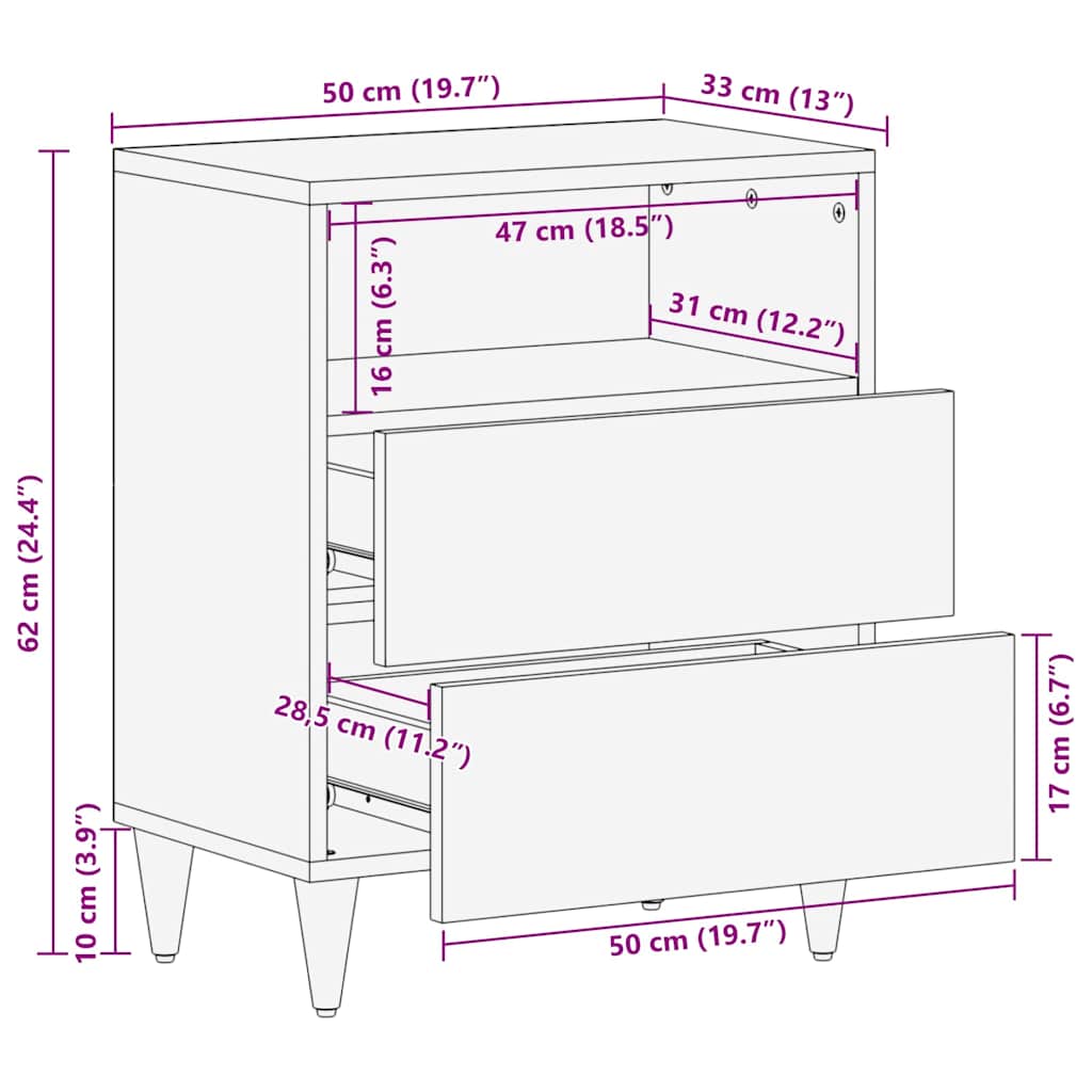 Bedside Table Light brown 50 x 33 x 60 cm Solid mango wood