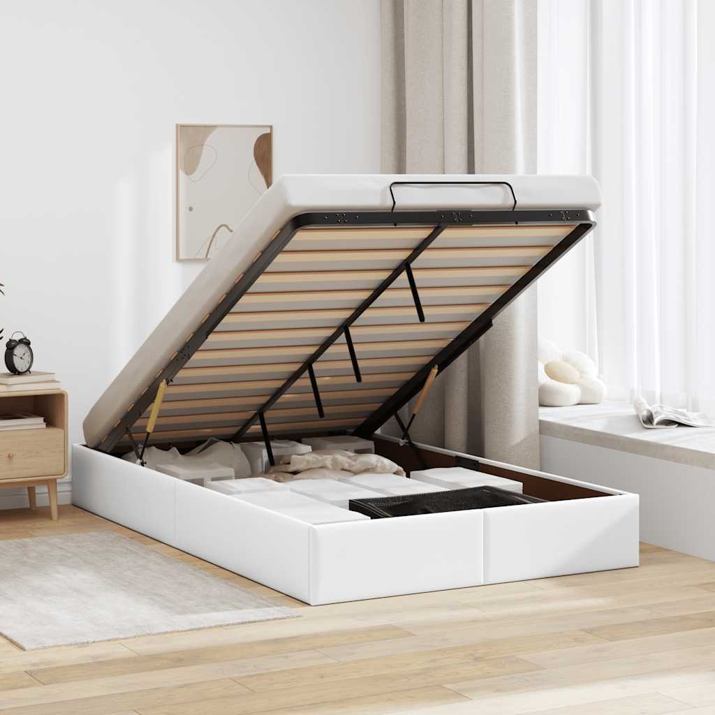Ottoman Bed Frame without Mattress White Double Faux Leather