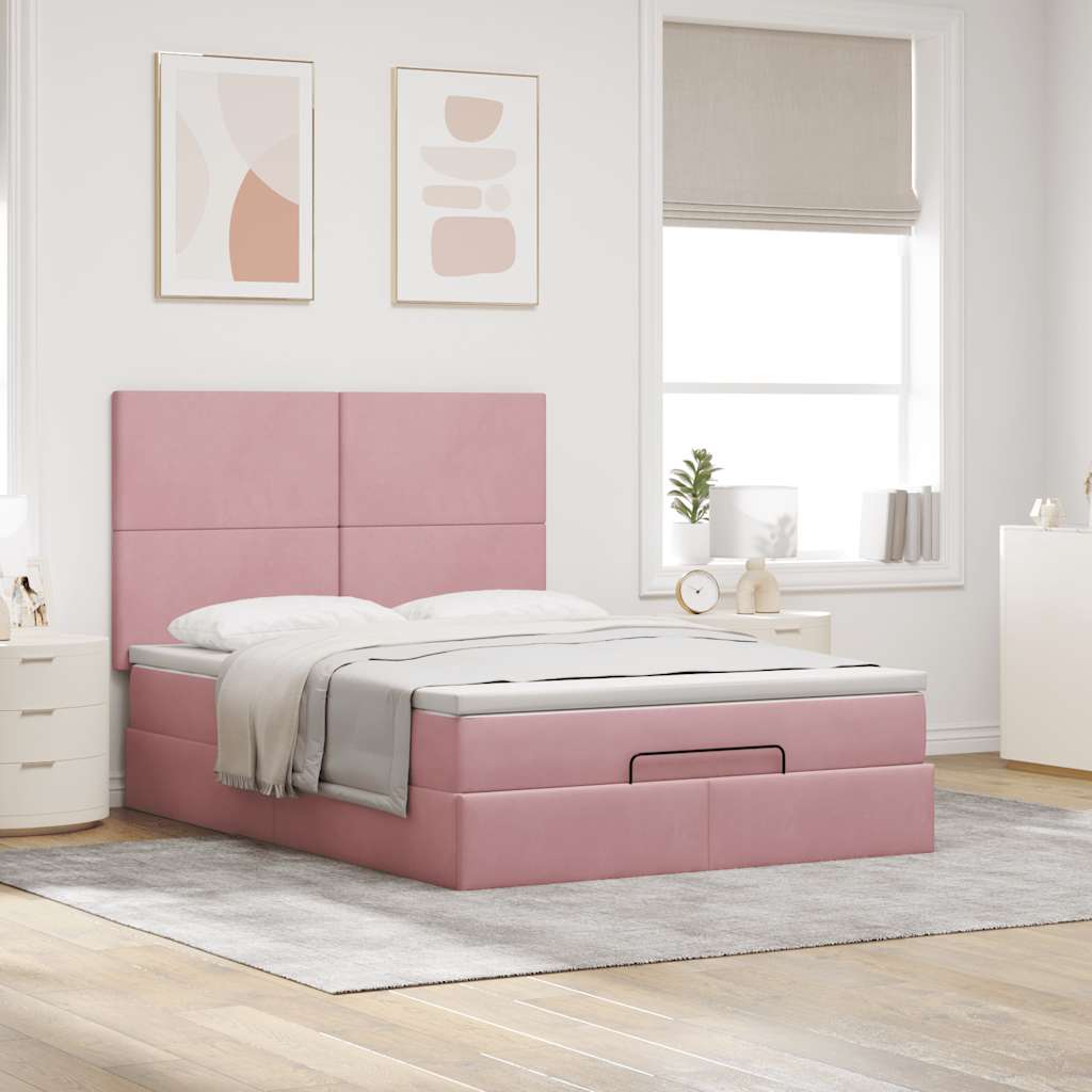 Ottoman Bed with Mattresses Pink 140x190cm Velvet