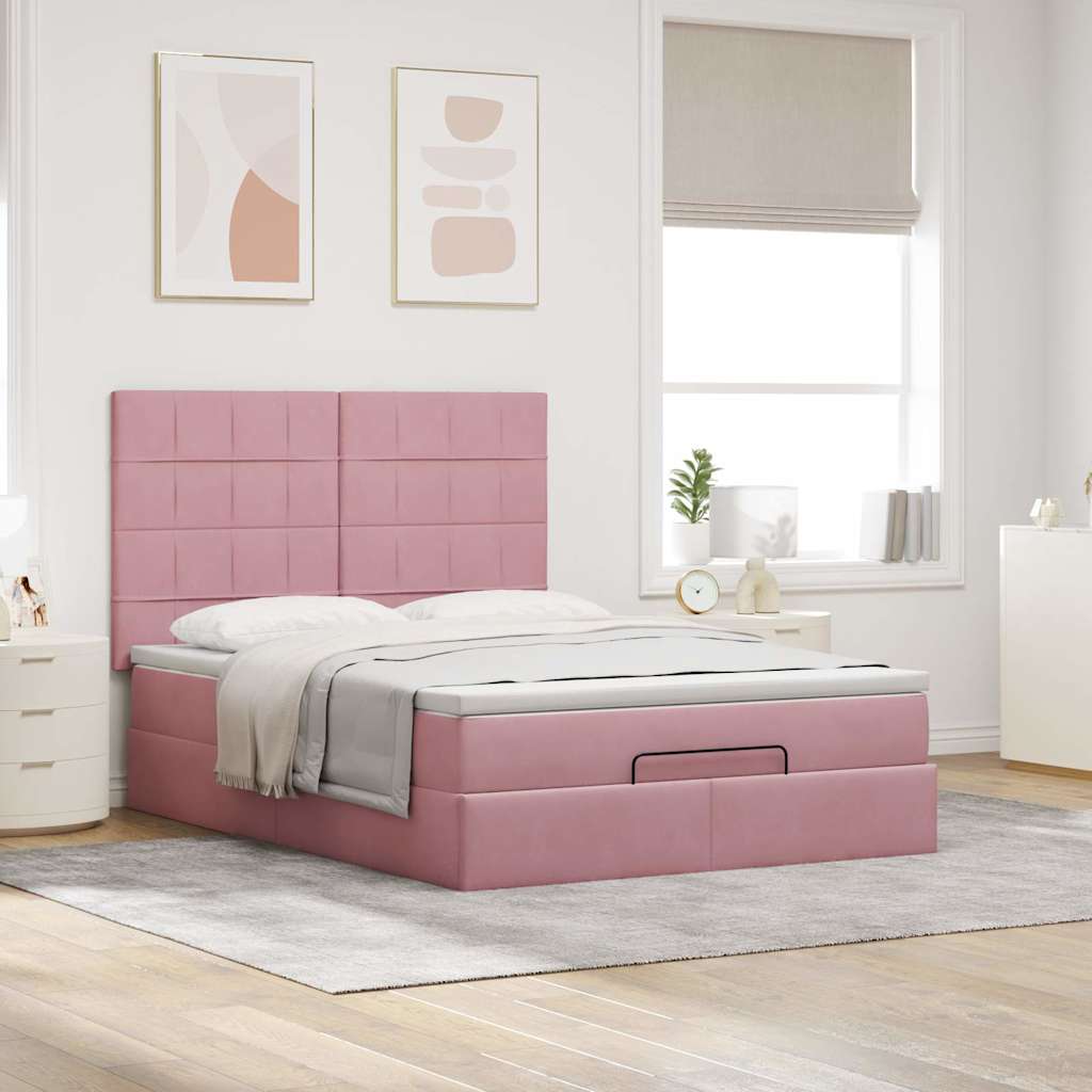Ottoman Bed with Mattresses Pink 140x190cm Velvet