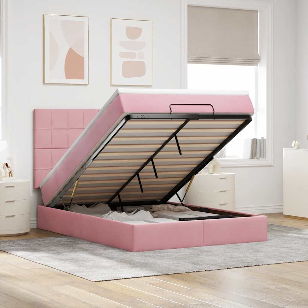 Ottoman Bed with Mattresses Pink 140x190cm Velvet