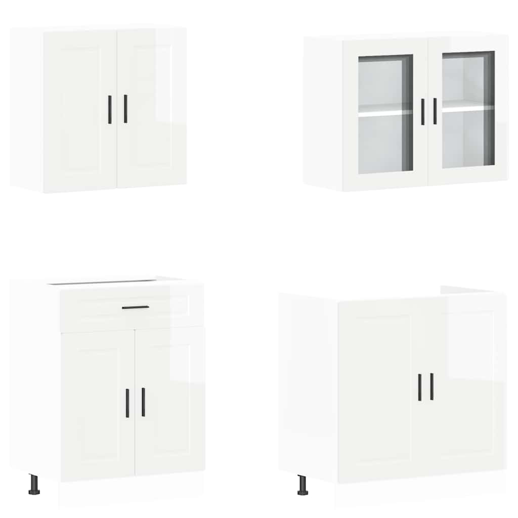 4 Piece Kitchen Cabinet Set Porto High Gloss White Engineered Wood