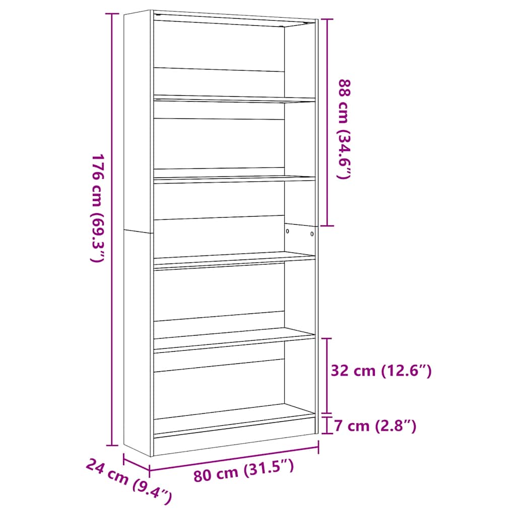 Bookcase White 80x24x176 cm Engineered Wood