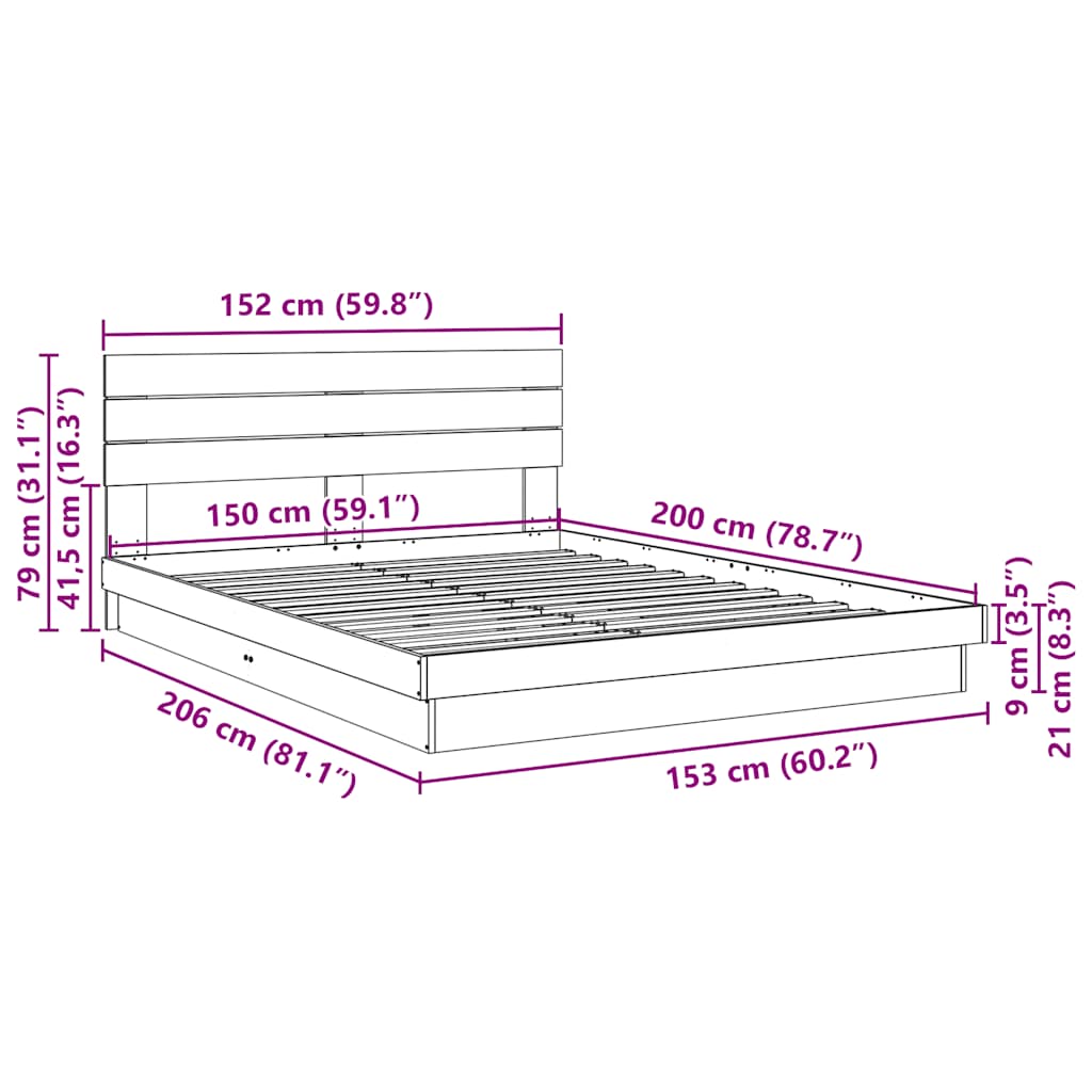 Bed Frame with Headboard without Mattress 150x200 cm King Size Solid Wood Oak