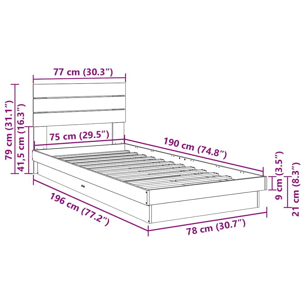 Bed Frame with Headboard without Mattress 75x190 cm Small Single Solid Wood Oak