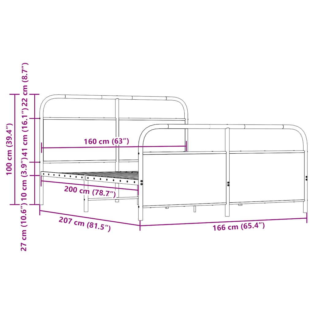 Metal Bed Frame without Mattress Smoked Oak 160x200 cm
