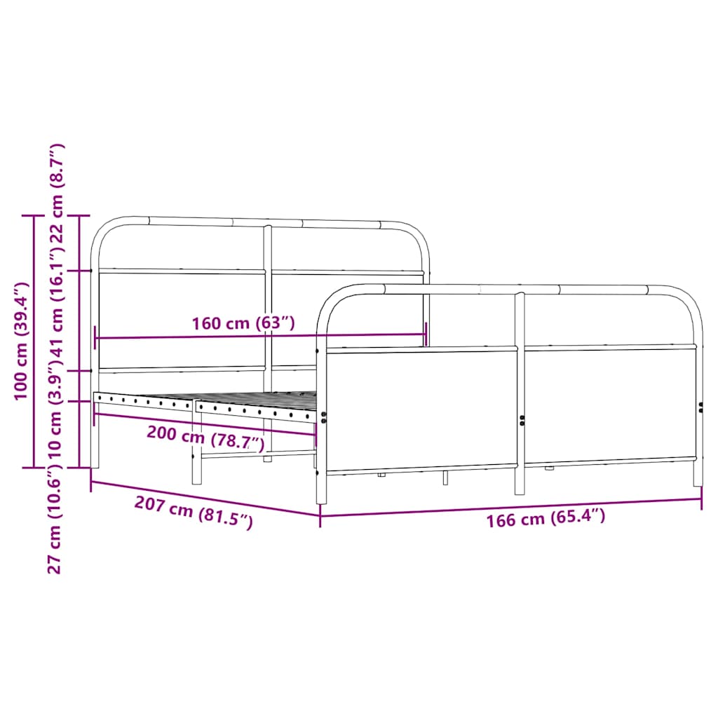 Metal Bed Frame without Mattress Sonoma Oak 160x200 cm
