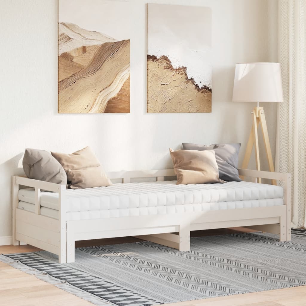 Daybed with Trundle and Mattresses White 90x200 cm Solid Wood Pine
