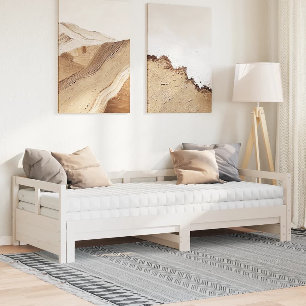 Daybed with Trundle and Mattresses White 90x190 cm Solid Wood Pine