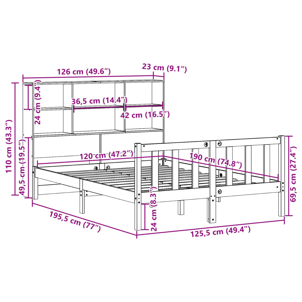 Bookcase Bed without Mattress White 120x190 cm Small Double Solid Wood Pine