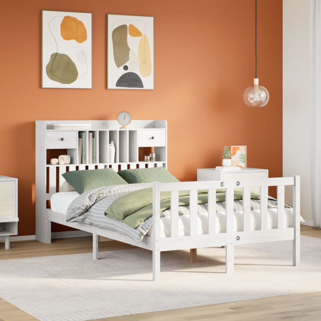 Bookcase Bed without Mattress White 135x190 cm Double Solid Wood Pine