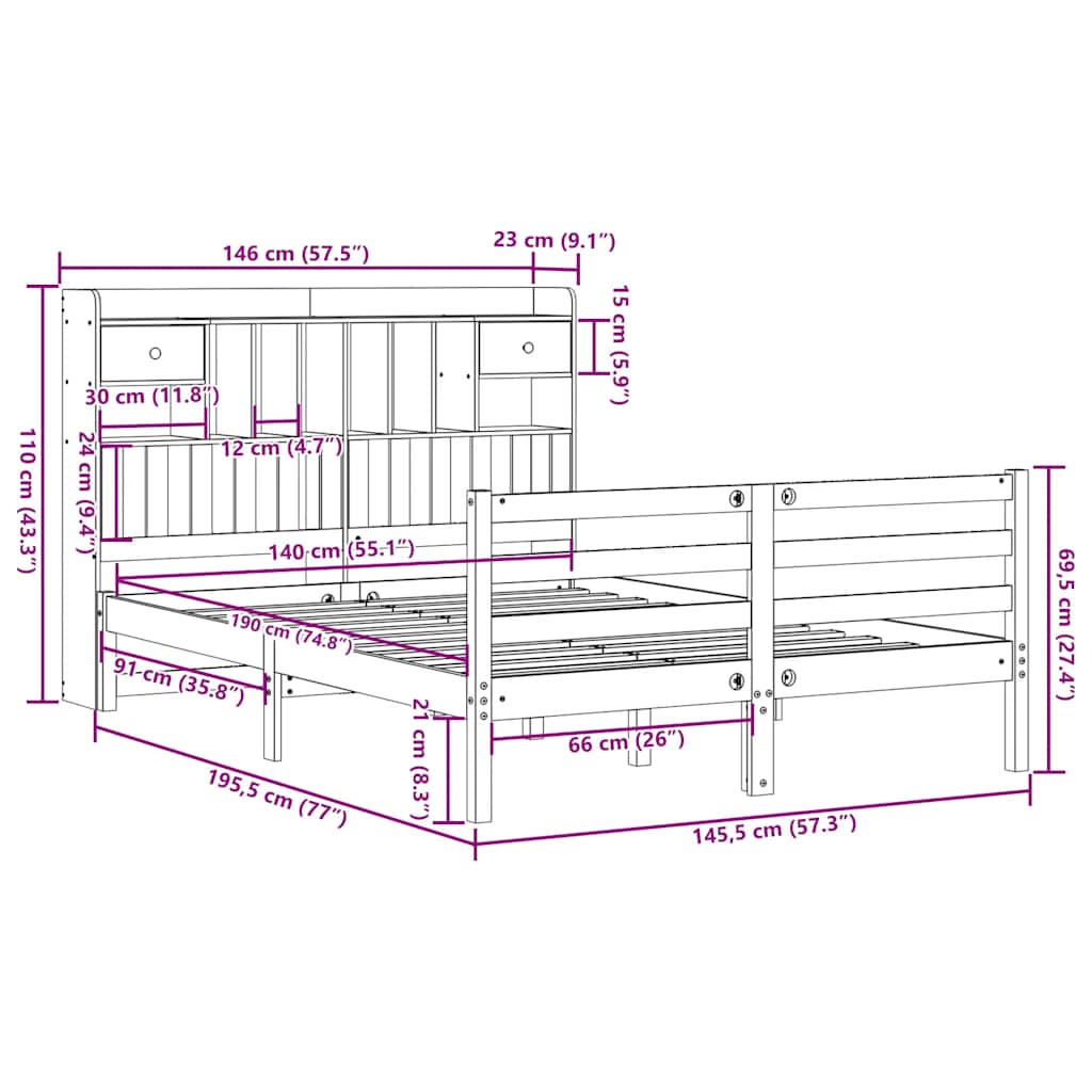 Bookcase Bed without Mattress White 140x190 cm Solid Wood Pine