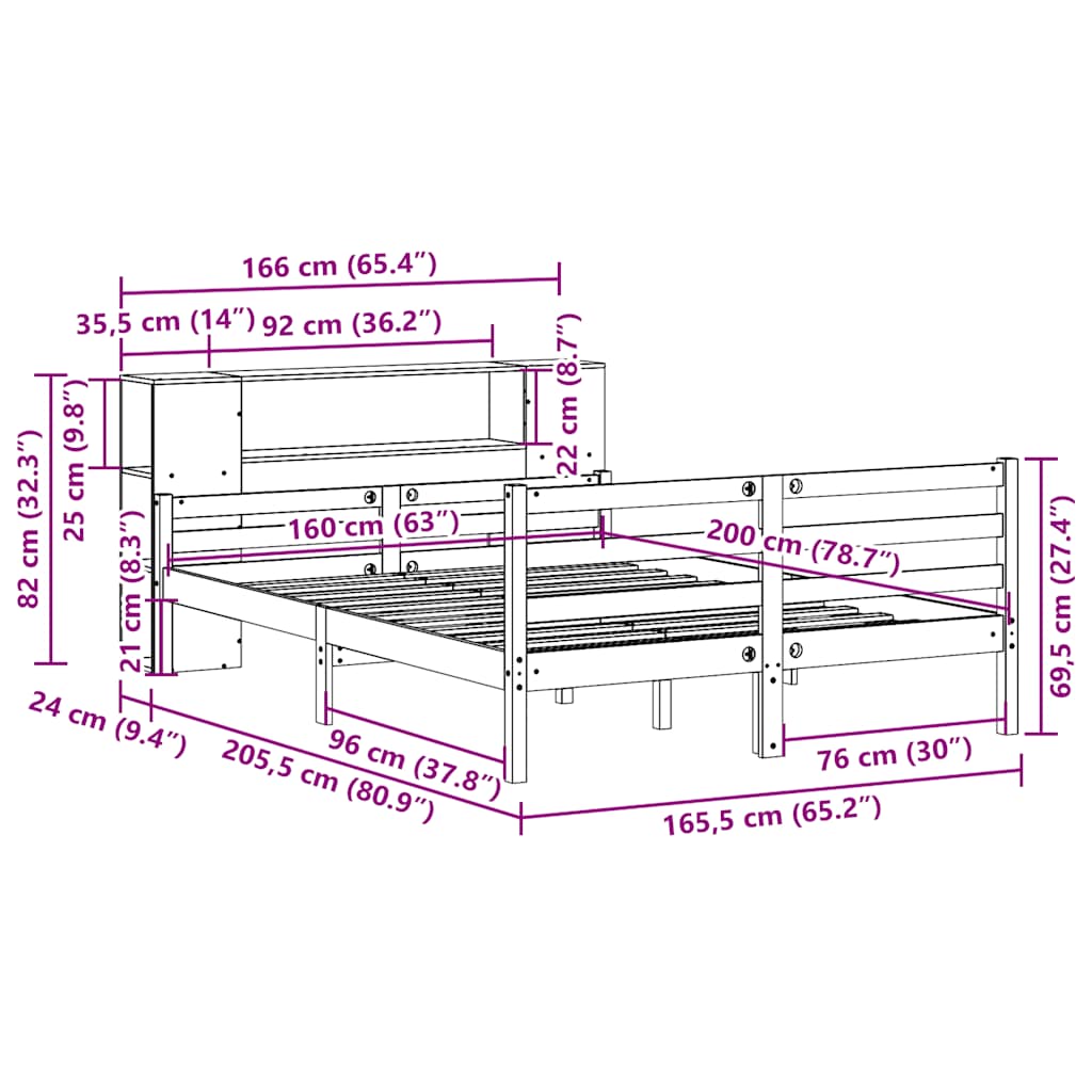 Bookcase Bed without Mattress 160x200 cm Solid Wood Pine