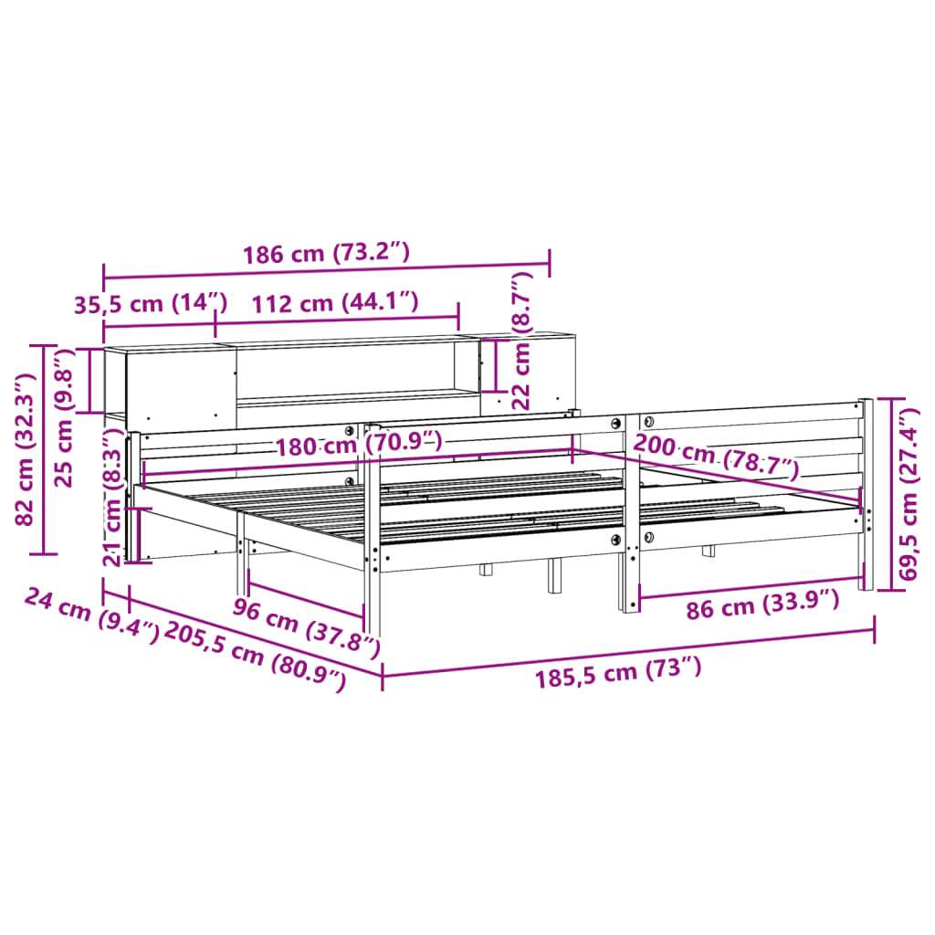 Bookcase Bed without Mattress White 180x200 cm Super King Solid Wood Pine