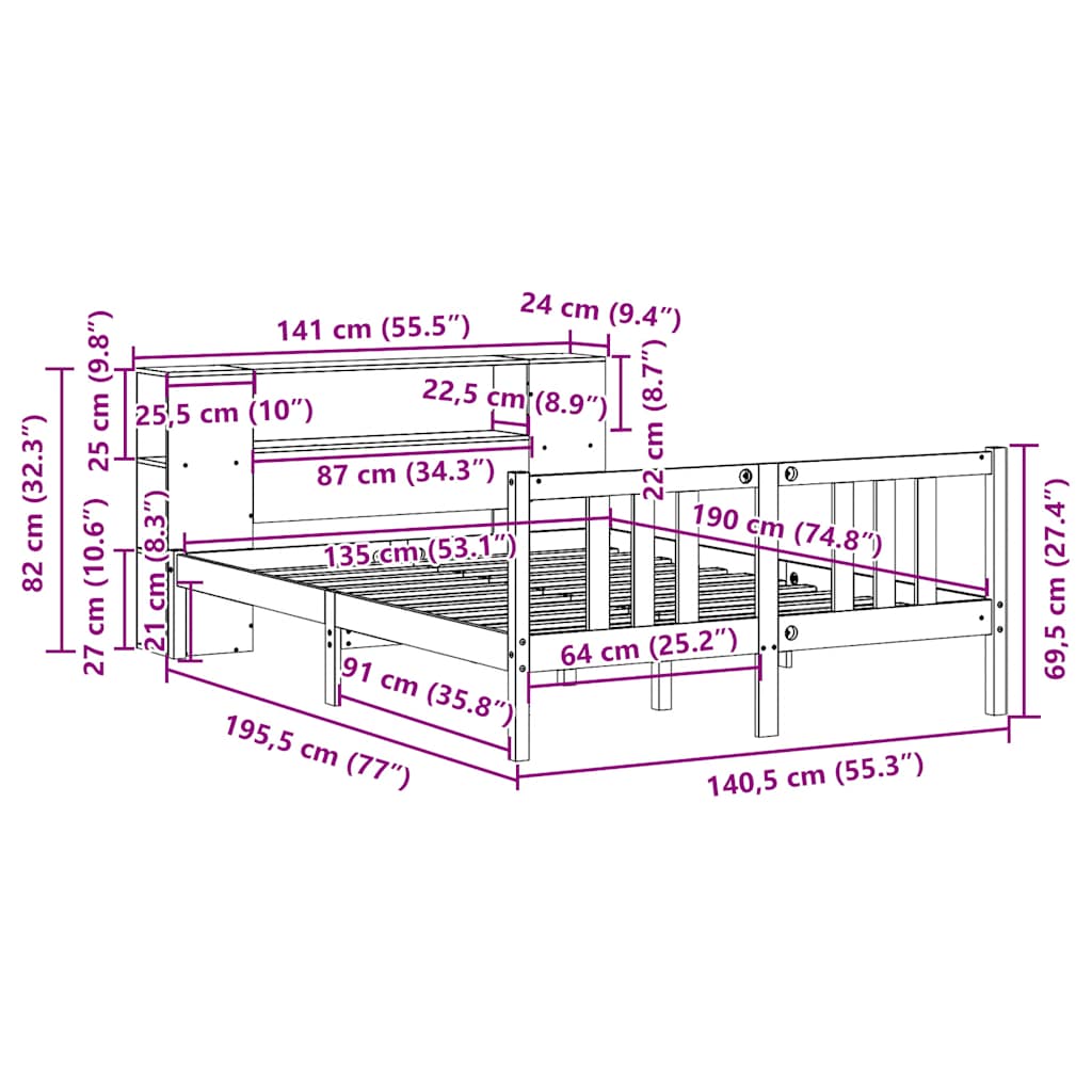 Bookcase Bed without Mattress 135x190cm Solid Wood Pine