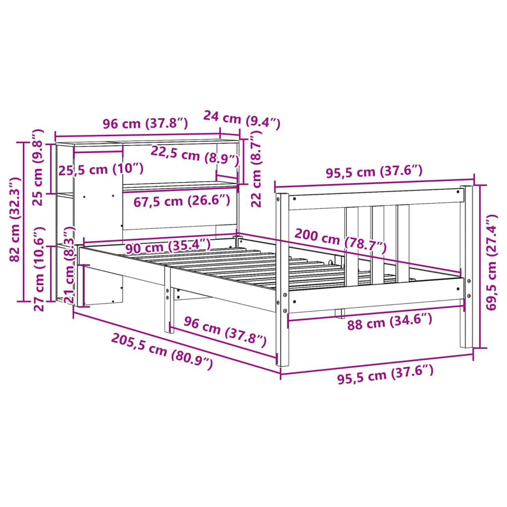 Bookcase Bed without Mattress White 90x200cm Solid Wood Pine