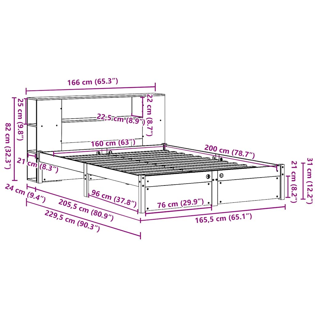 Bookcase Bed without Mattress White 160x200cm Solid Wood Pine