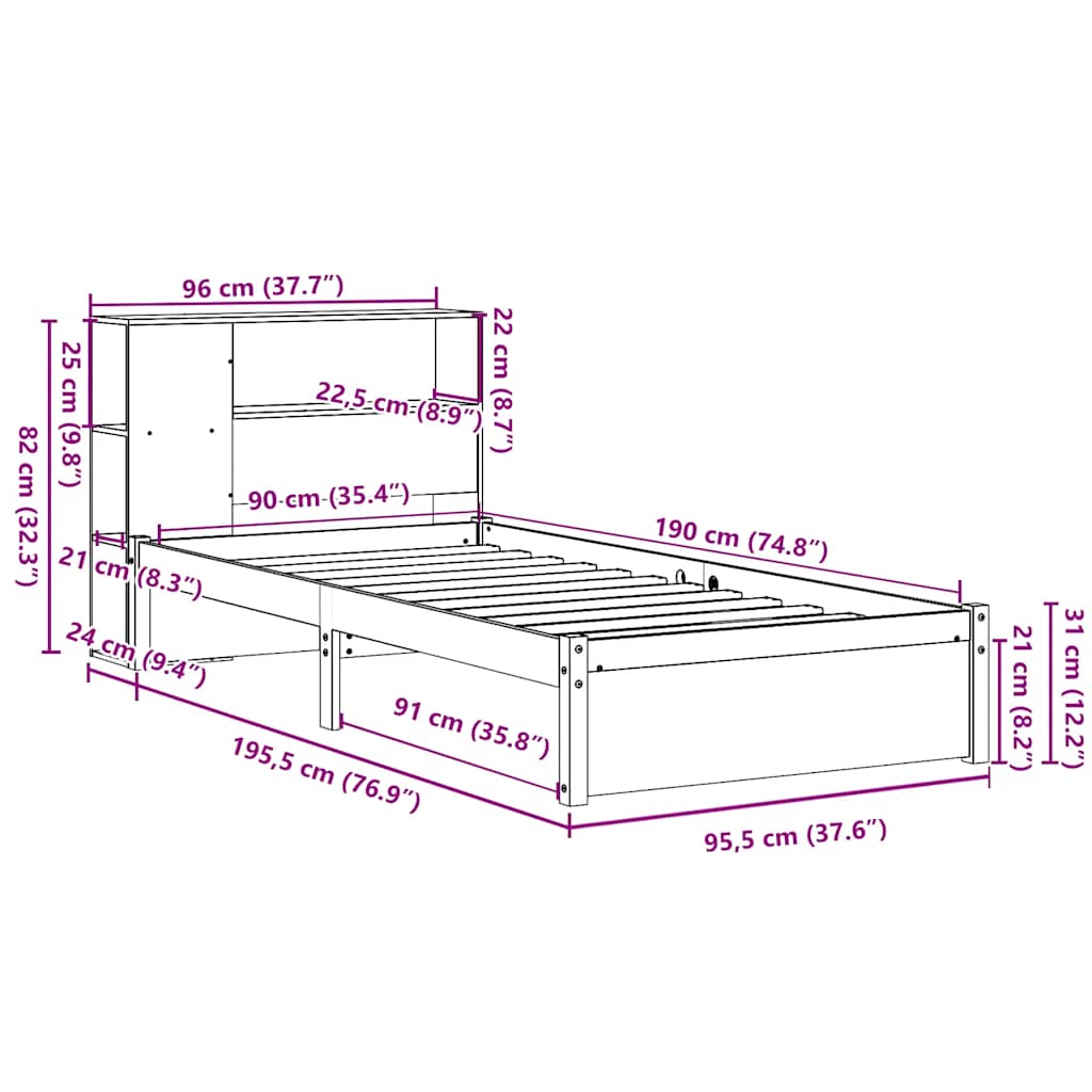 Bookcase Bed without Mattress White 90x190cm Single Solid Wood Pine