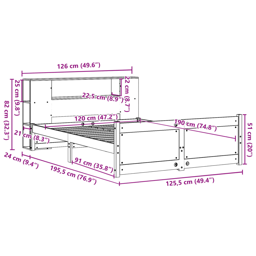 Bookcase Bed without Mattress 120x190cm Small Double Solid Wood Pine