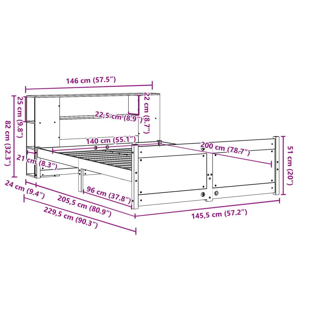 Bookcase Bed without Mattress White 140x200cm Solid Wood Pine