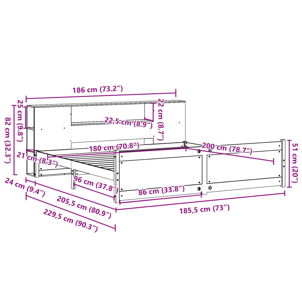 Bookcase Bed without Mattress 180x200cm Super King Solid Wood Pine