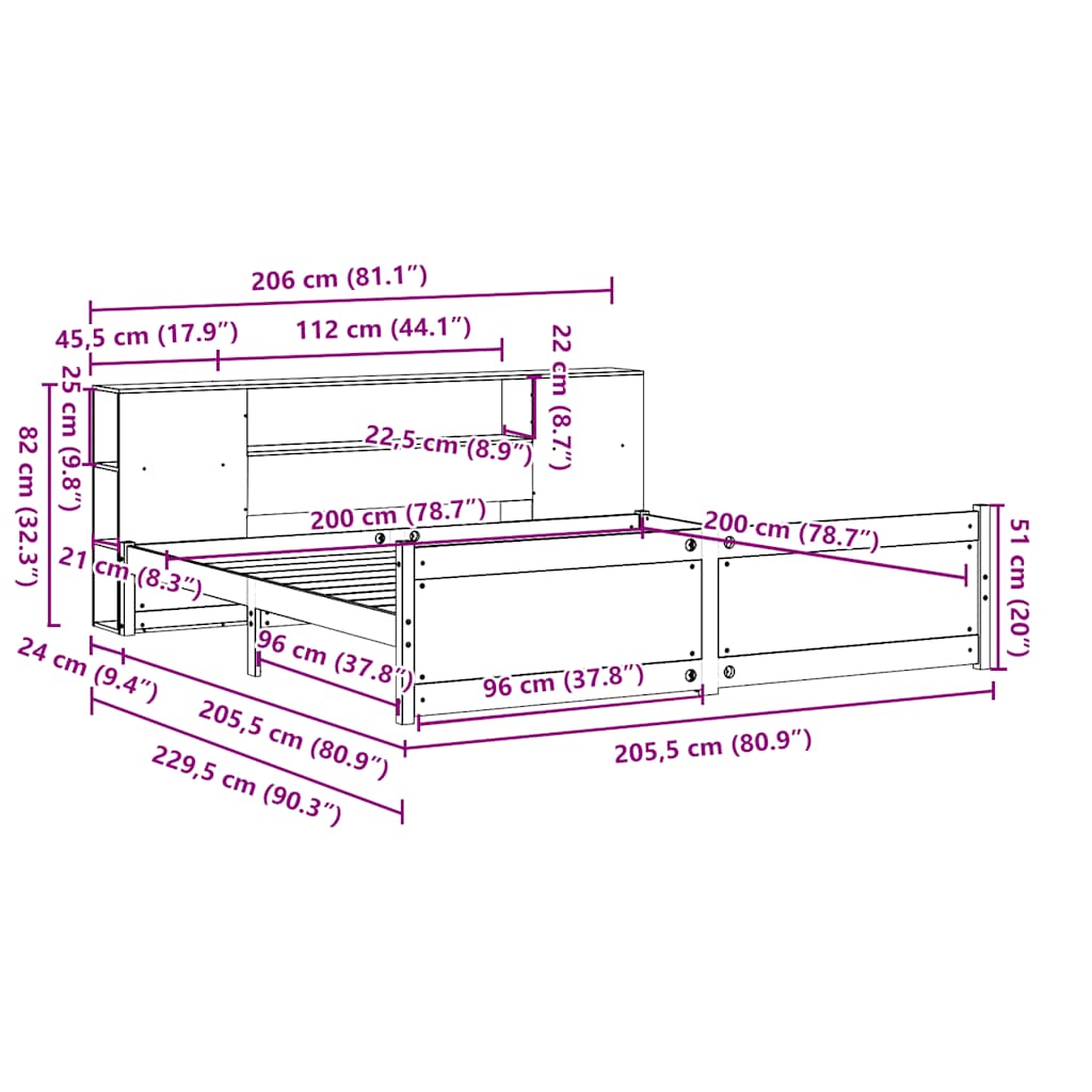 Bookcase Bed without Mattress 200x200cm Solid Wood Pine
