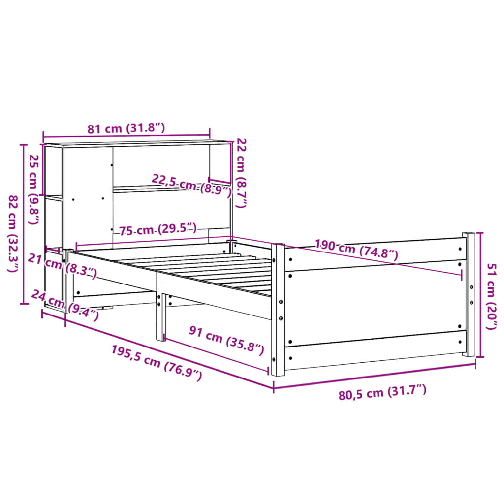 Bookcase Bed without Mattress White 75x190cm Small Single Solid Wood Pine