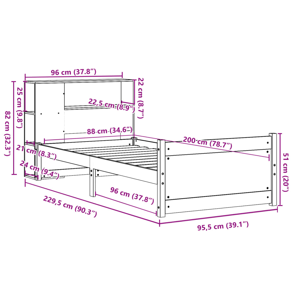 Bookcase Bed without Mattress White 90x200cm Solid Wood Pine